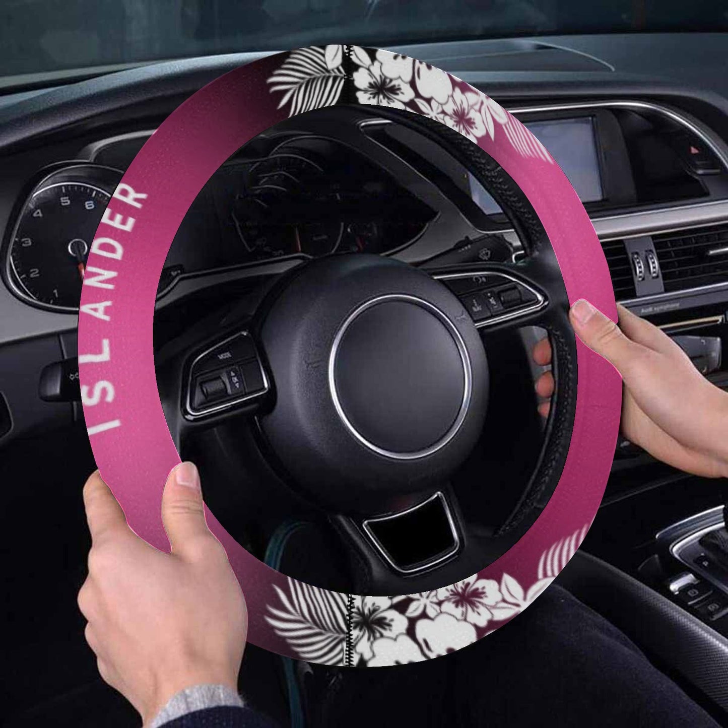 Tropical Hibiscus Islander Guam CNMI Pink Steering Wheel Cover with Anti-Slip Insert