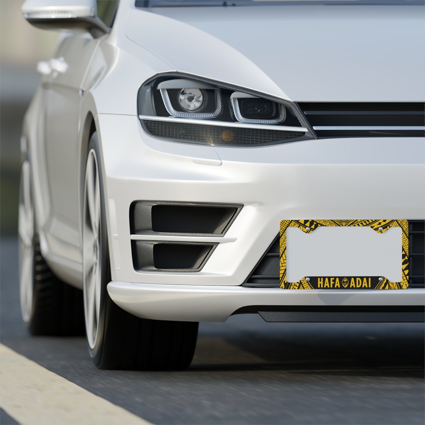 Guam Hafa Adai Tribal Yellow Metal License Plate Frame