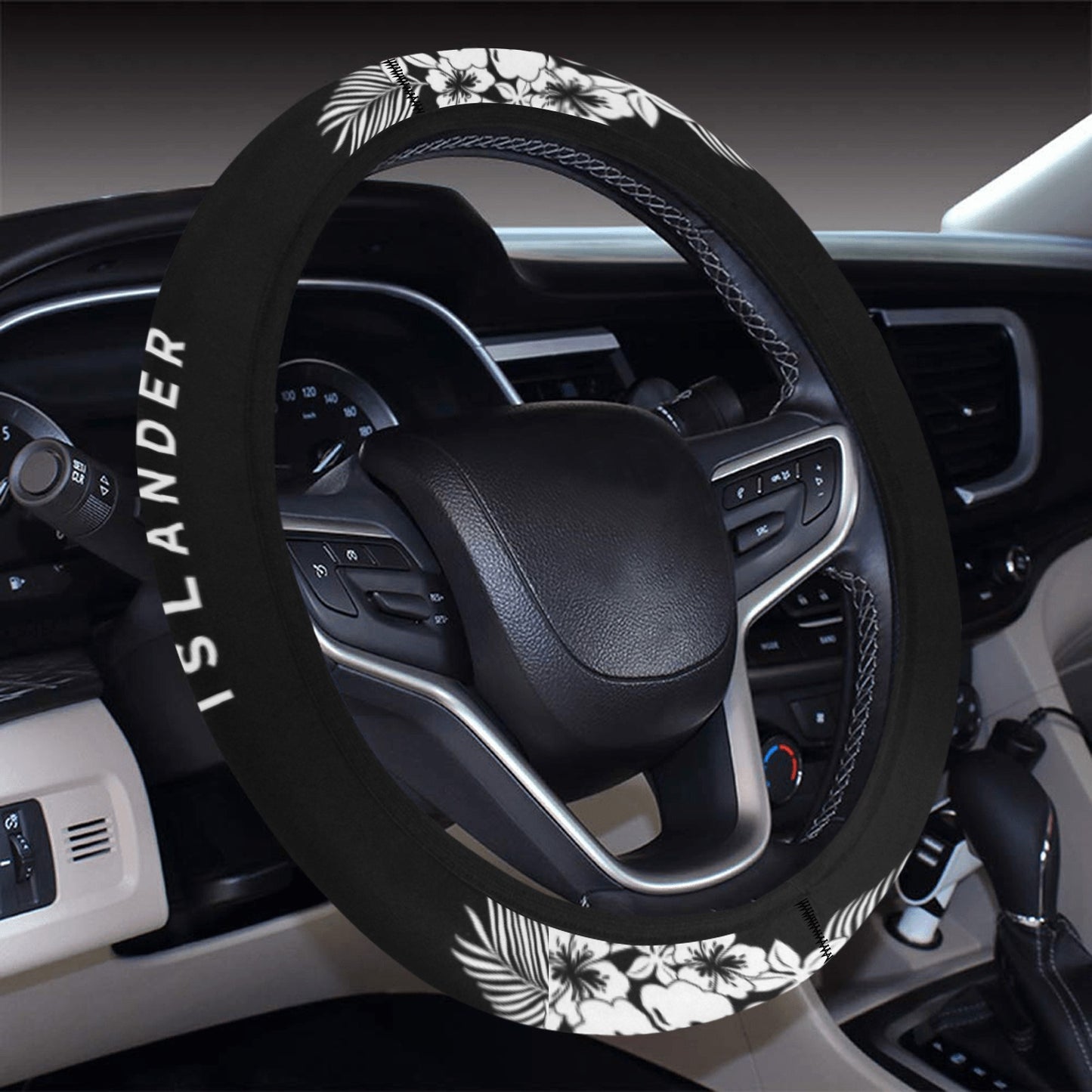 Tropical Hibiscus Islander Guam CNMI Black Steering Wheel Cover with Anti-Slip Insert