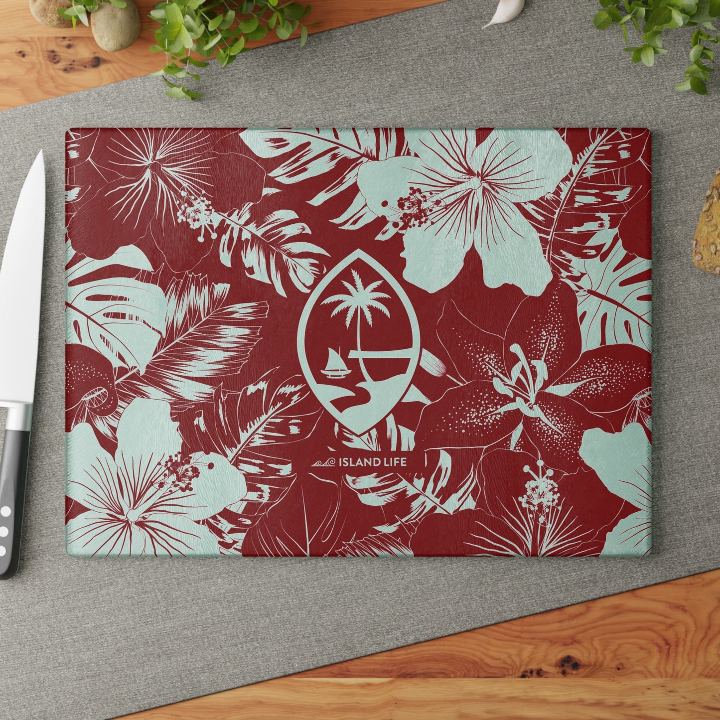 Guam Seal Red Hibiscus Glass Cutting Board