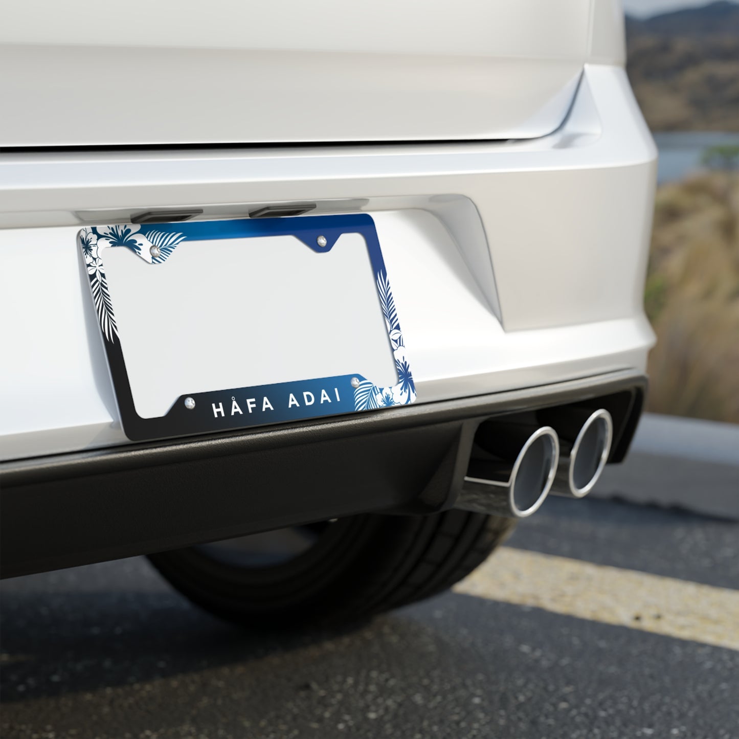 Hafa Adai Guam CNMI Tropical Hibiscus Blue Metal License Plate Frame