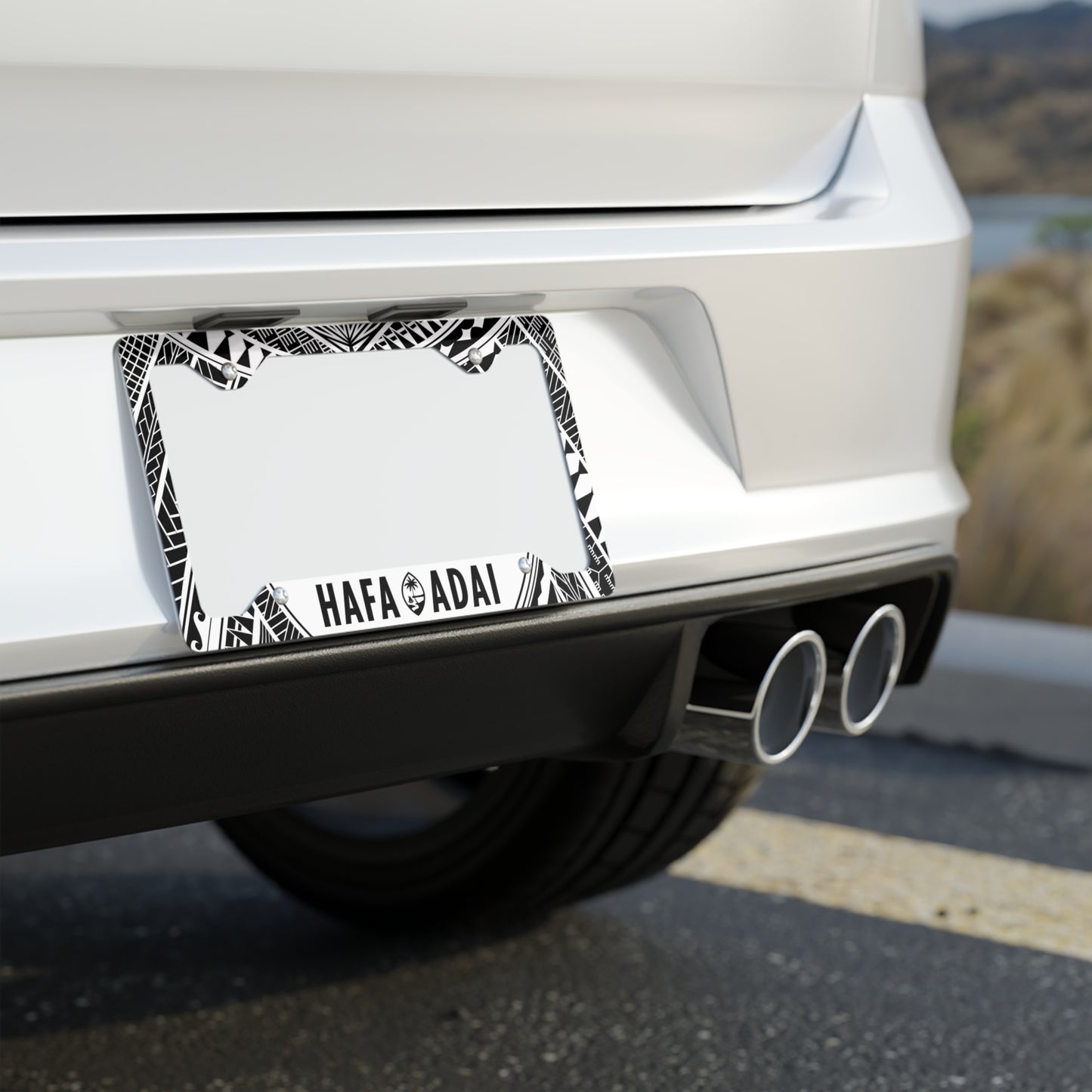 Guam Hafa Adai Tribal White Metal License Plate Frame
