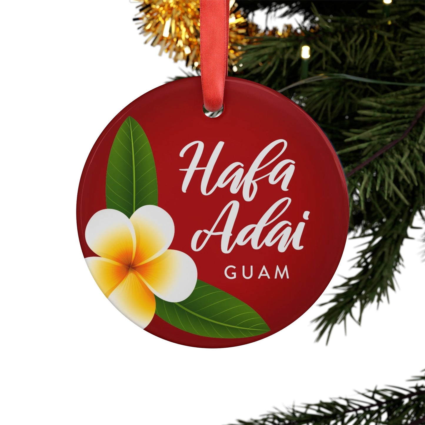 Hafa Adai Plumeria Guam Acrylic Ornament with Ribbon