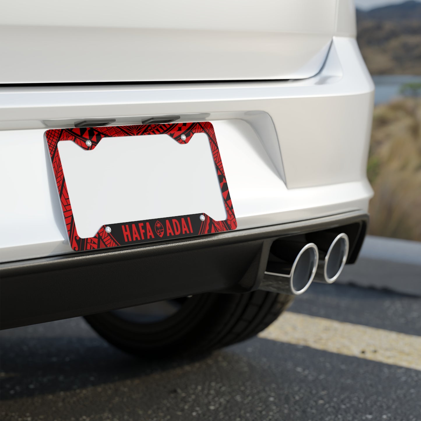 Guam Hafa Adai Tribal Red Metal License Plate Frame