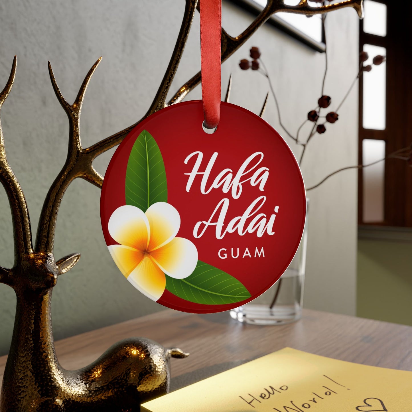 Hafa Adai Plumeria Guam Acrylic Ornament with Ribbon