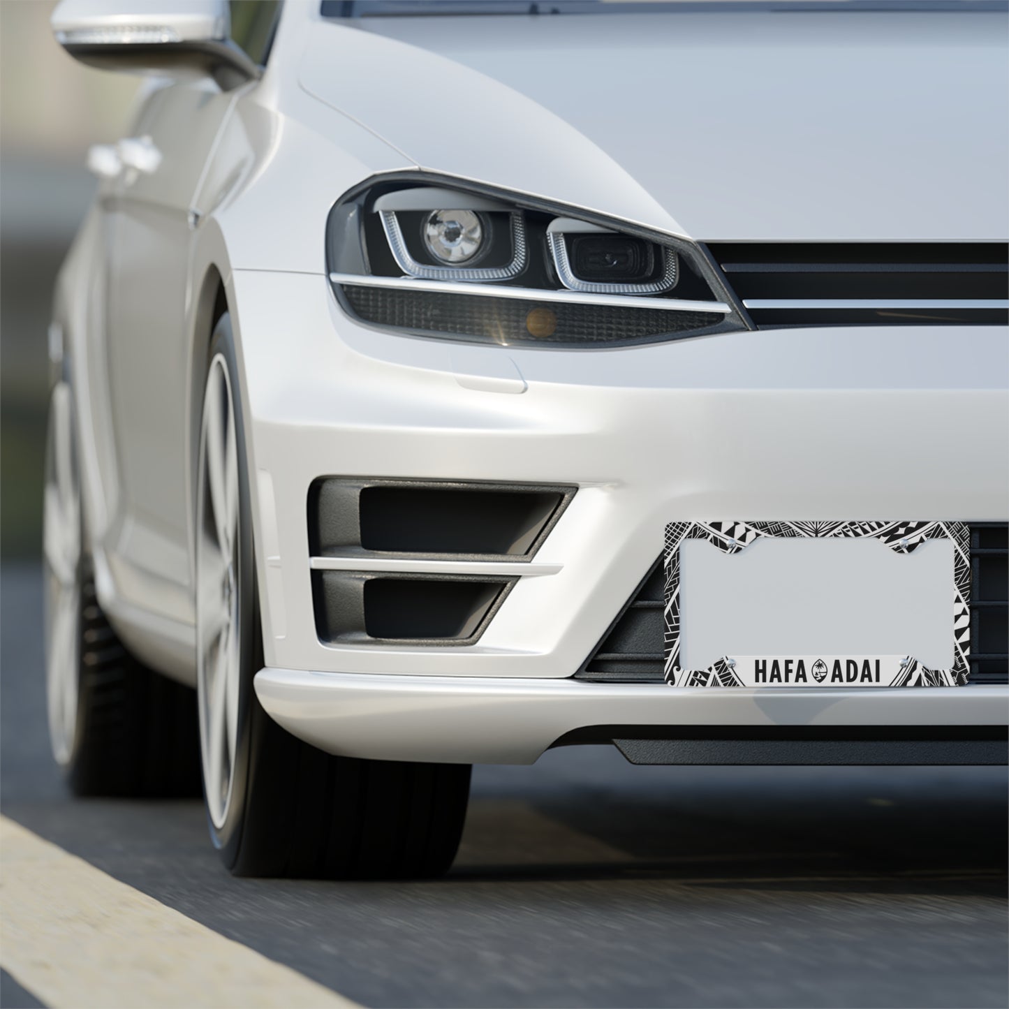 Guam Hafa Adai Tribal White Metal License Plate Frame