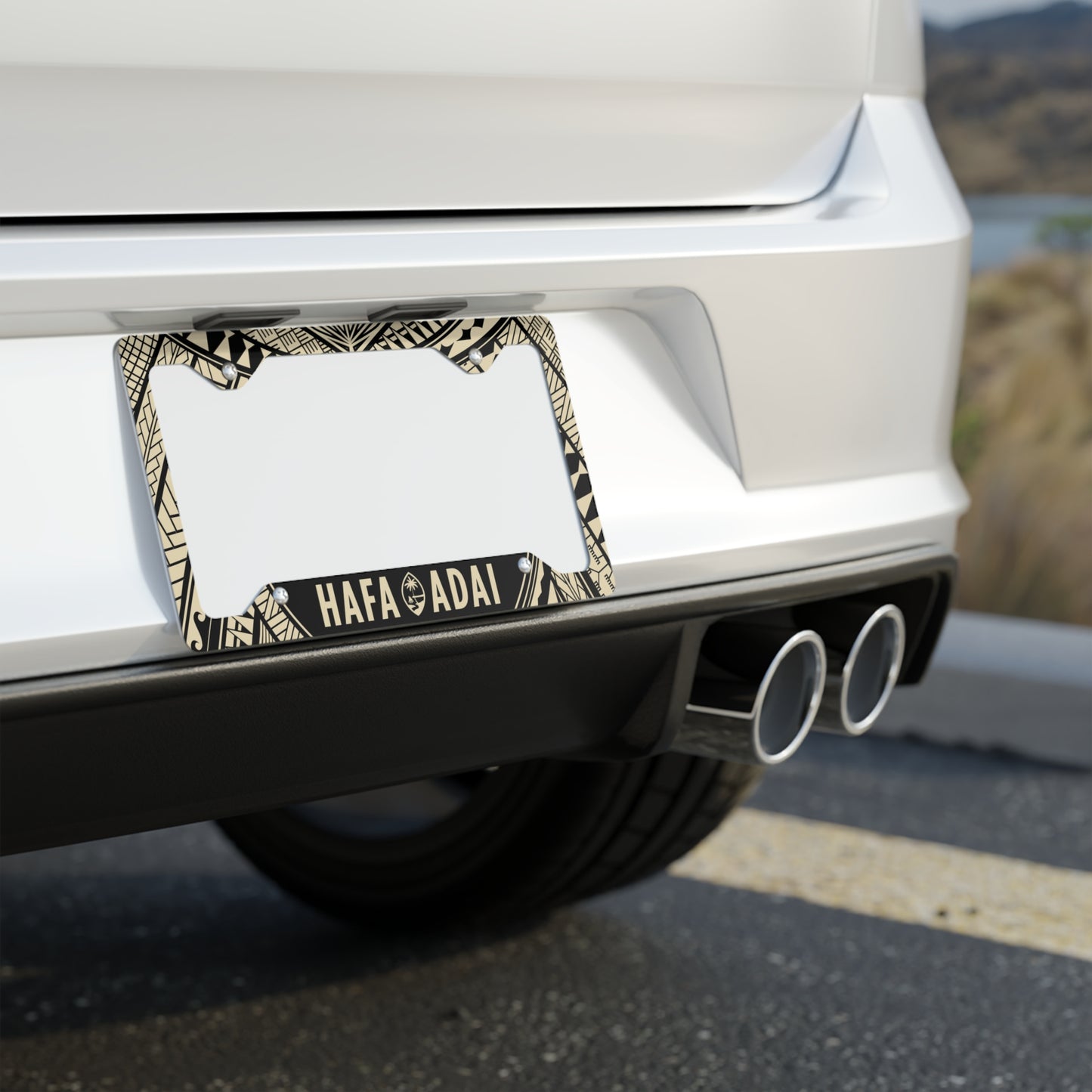 Guam Hafa Adai Tribal Tan Metal License Plate Frame