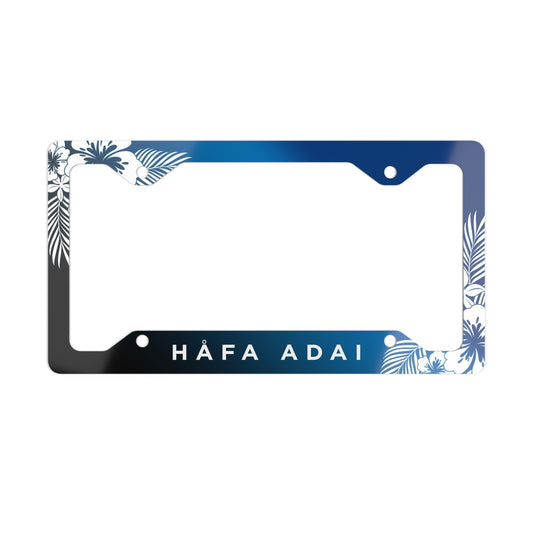 Hafa Adai Guam CNMI Tropical Hibiscus Blue Metal License Plate Frame