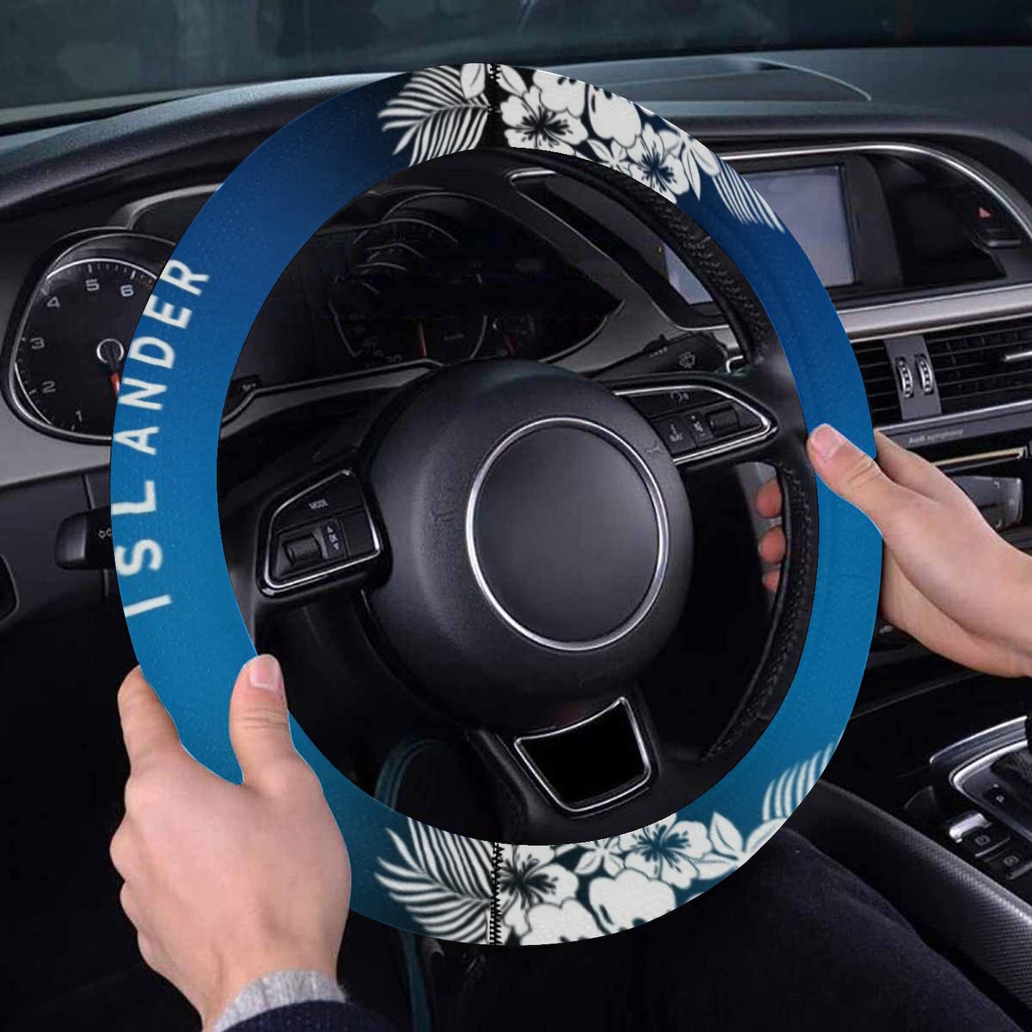 Tropical Hibiscus Islander Guam CNMI Blue Steering Wheel Cover with Anti-Slip Insert