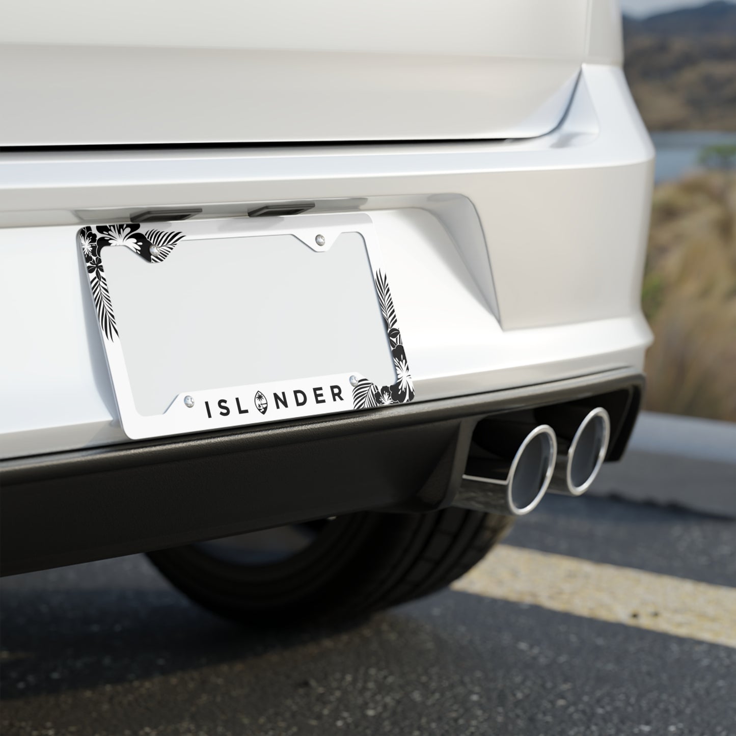 Islander Guam Tropical Hibiscus White Metal License Plate Frame