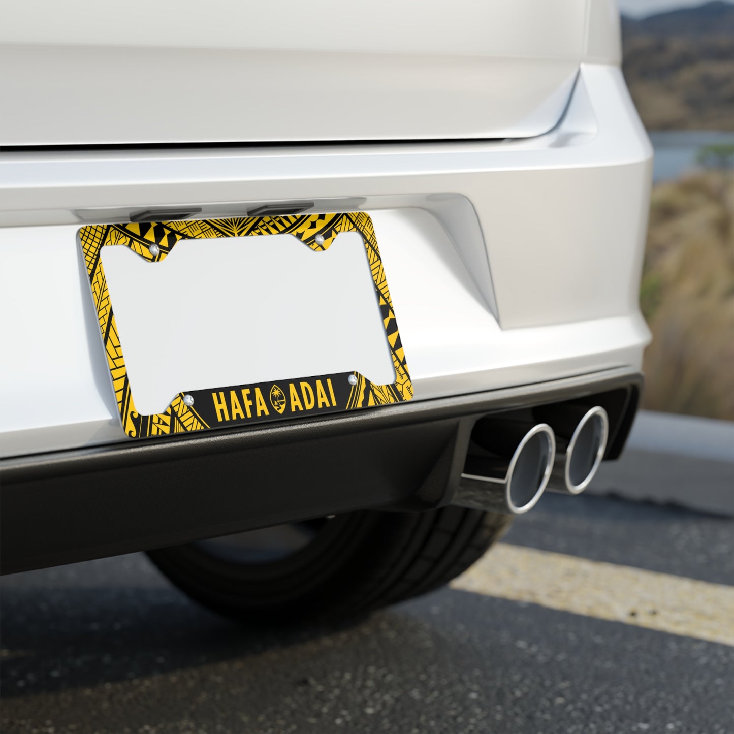 Guam Hafa Adai Tribal Yellow Metal License Plate Frame
