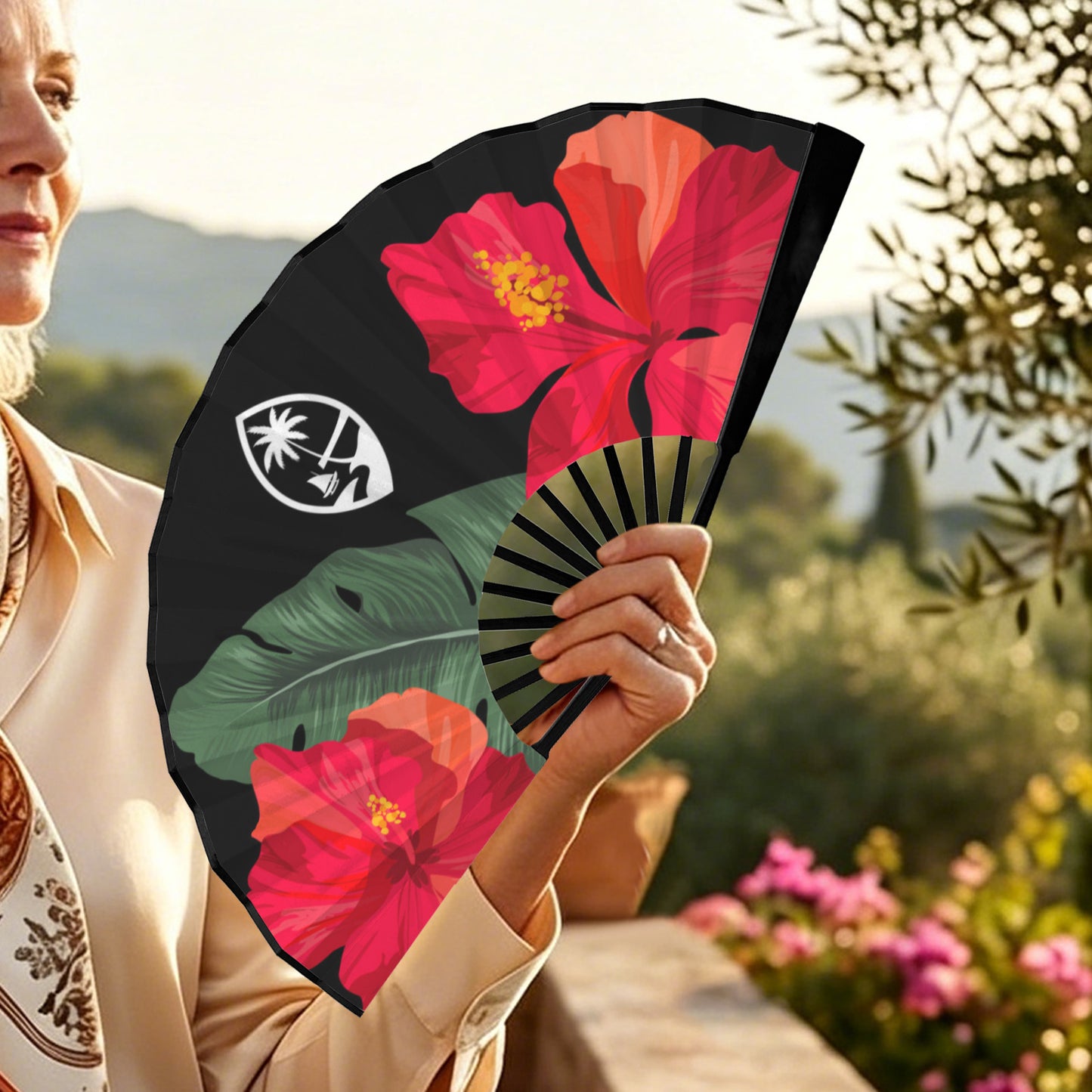 Guam Hibiscus Paradise Black Double-Sided Folding Fan