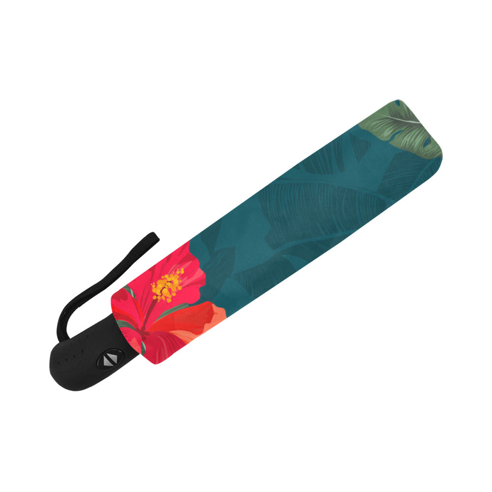 Hibiscus Banana Leaves Teal Anti-UV Auto-Foldable Umbrella