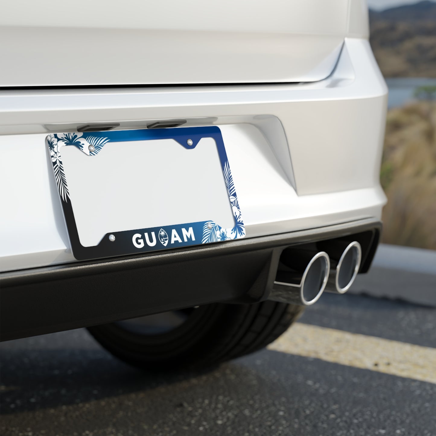 Guam Tropical Hibiscus Blue Metal License Plate Frame