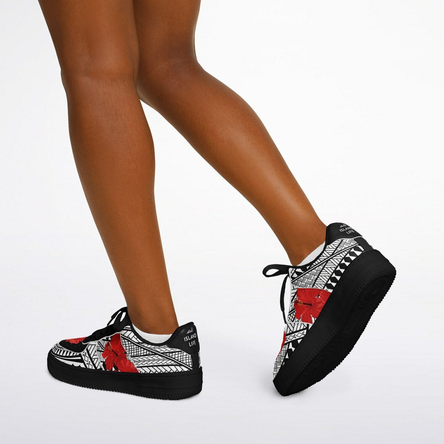 Guam Red Hibiscus Tribal Black Core Low Shoes