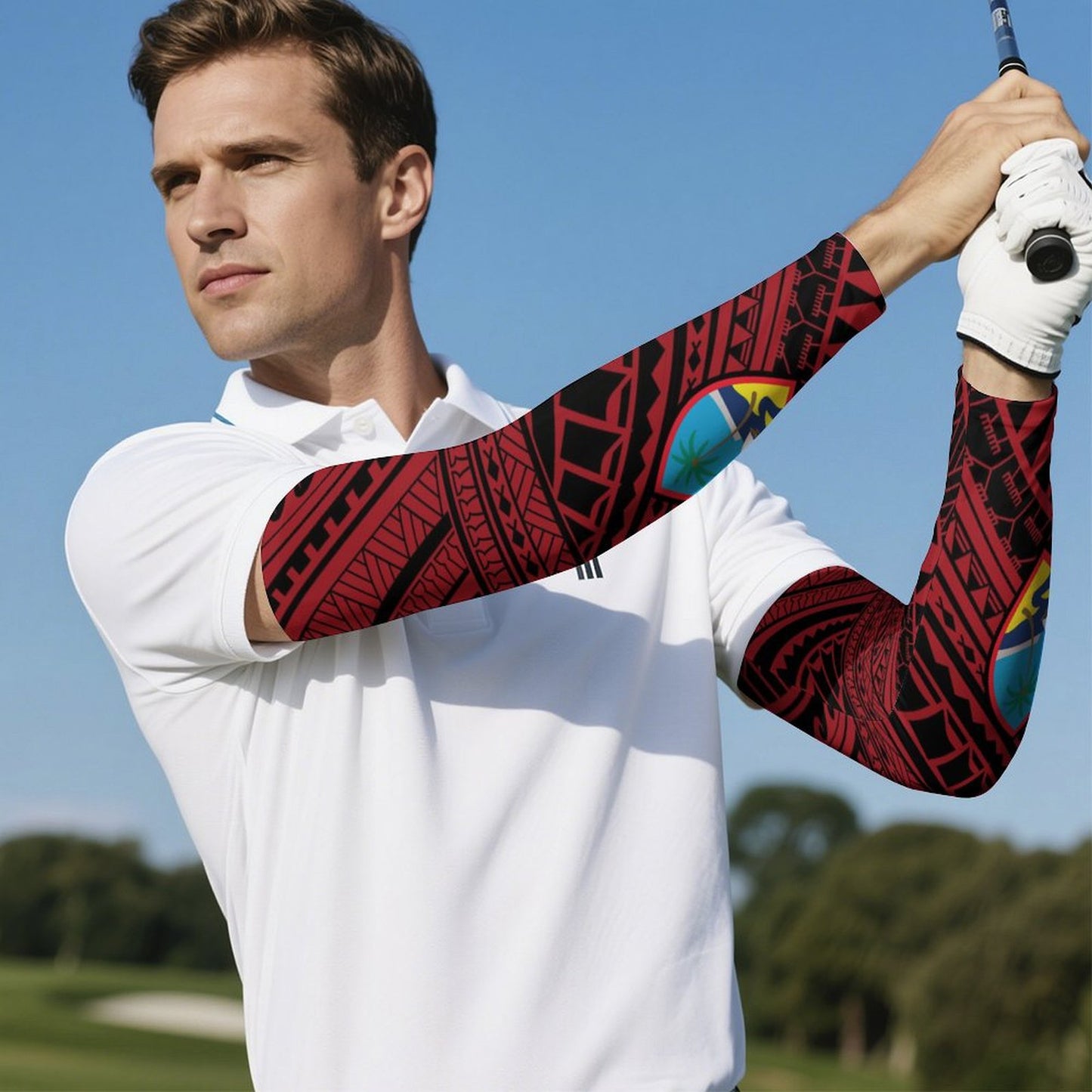 Guam Seal Tribal Red All Over Print Arm Sleeves
