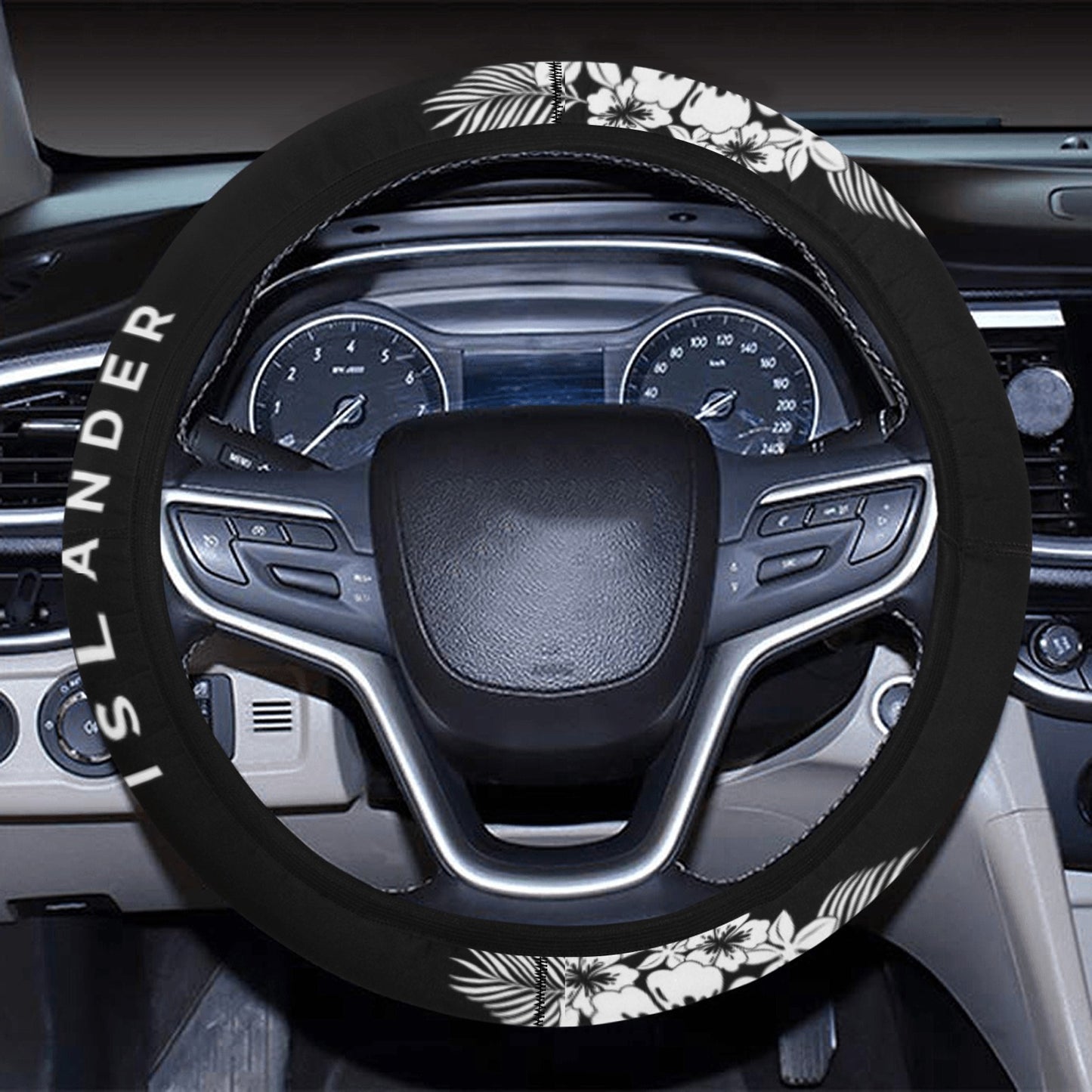 Tropical Hibiscus Islander Guam CNMI Black Steering Wheel Cover with Anti-Slip Insert