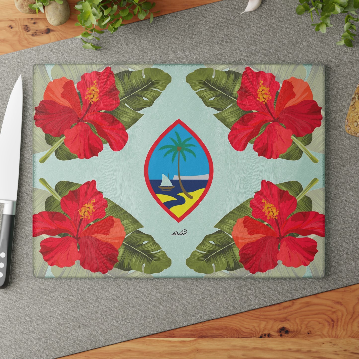 Guam Seal Hibiscus Paradise Glass Cutting Board