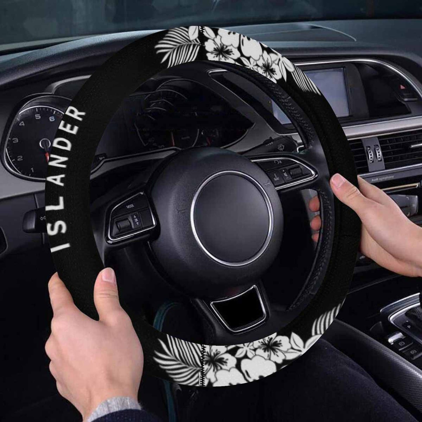Tropical Hibiscus Islander Guam CNMI Black Steering Wheel Cover with Anti-Slip Insert