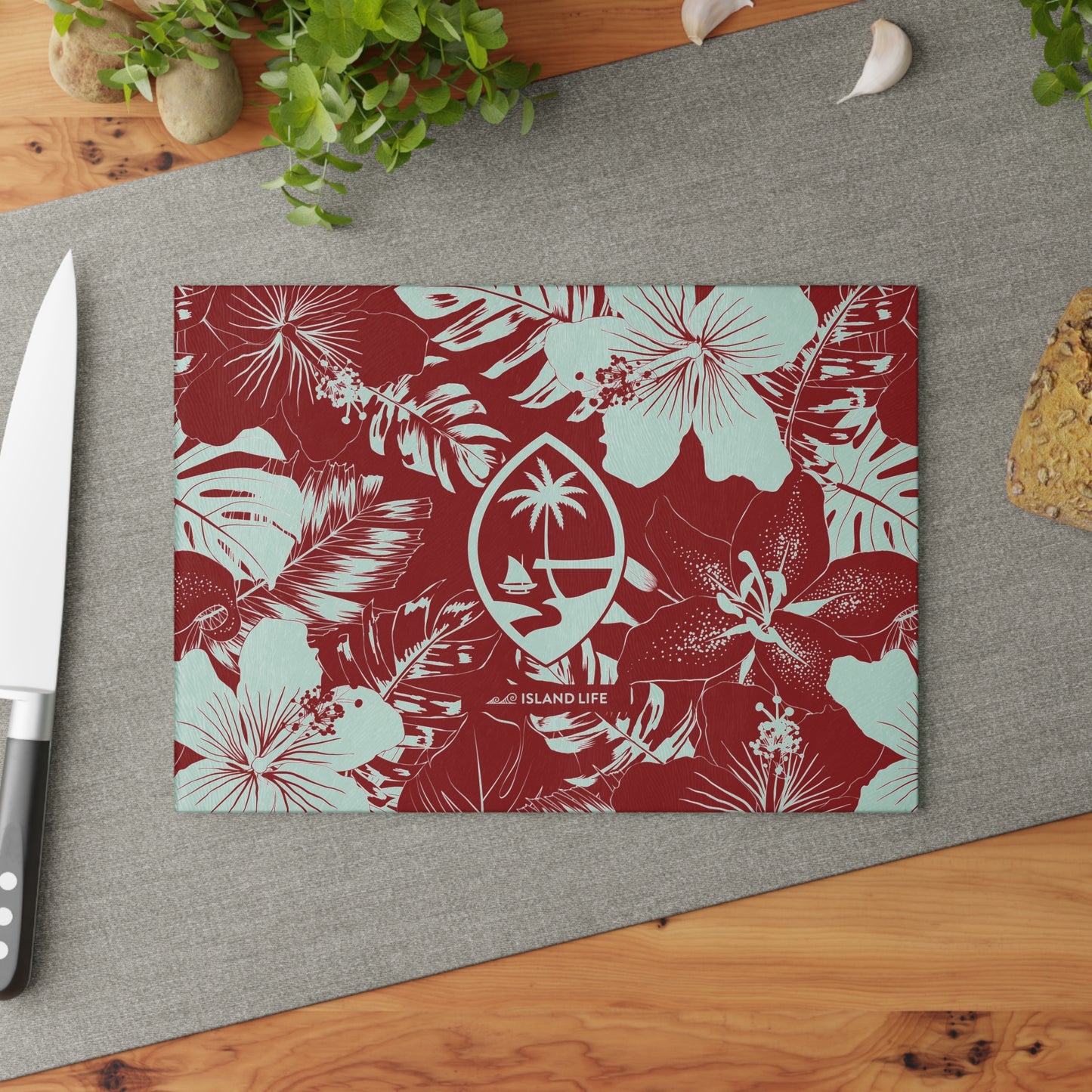 Guam Seal Red Hibiscus Glass Cutting Board