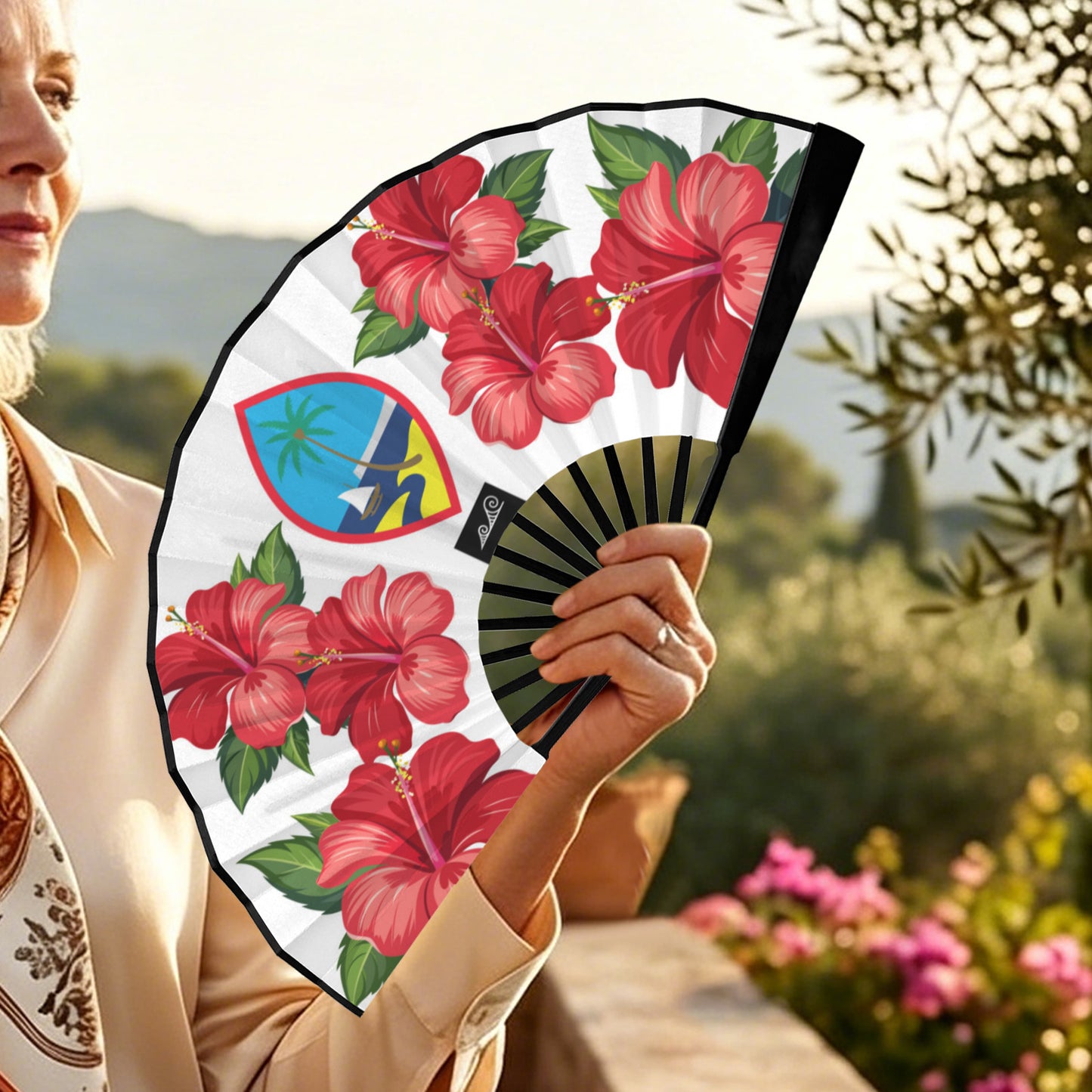 Guam Red Hibiscus White Double-Sided Folding Fan