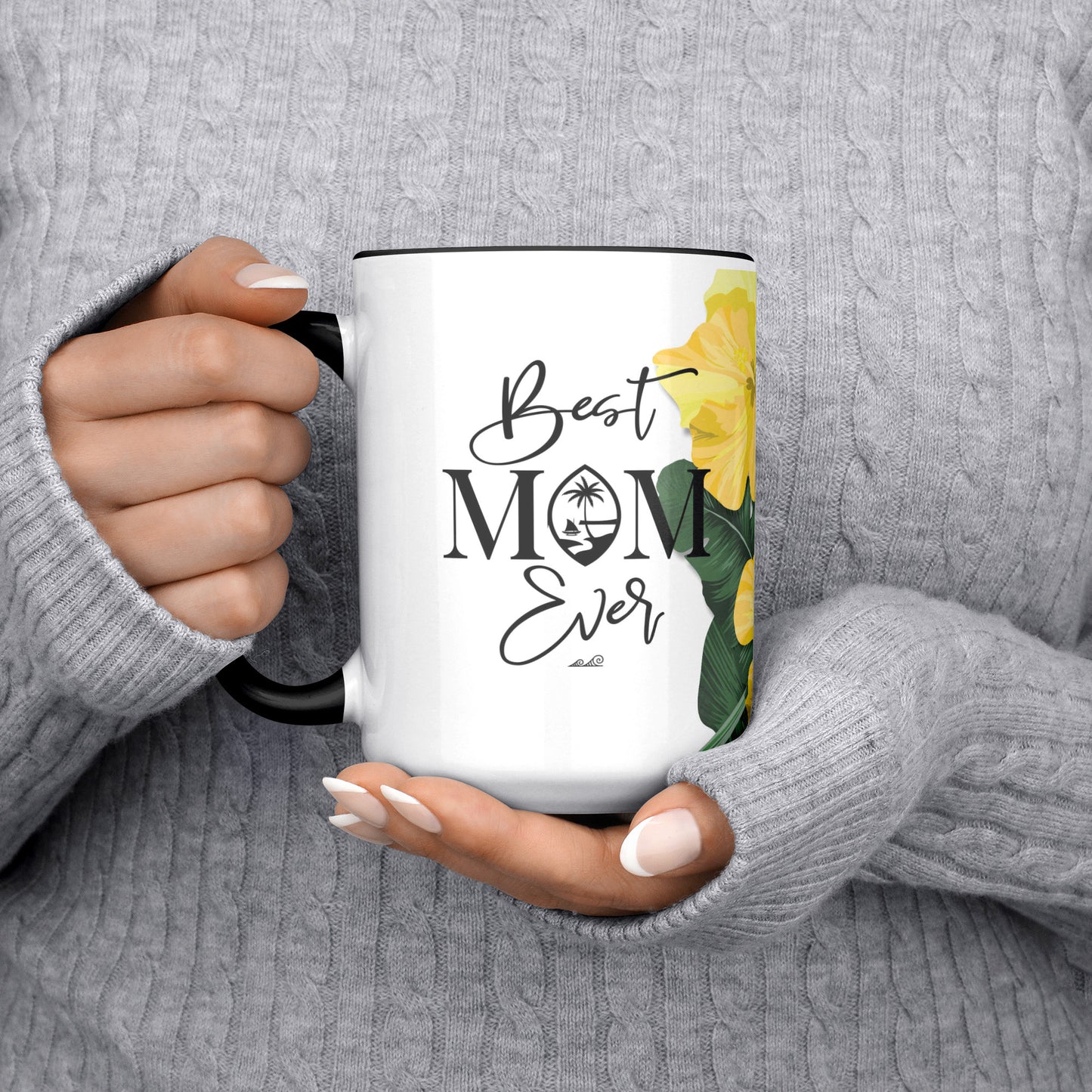 Best Mom Ever Script Guam Hibiscus Paradise Yellow 15oz White Mug