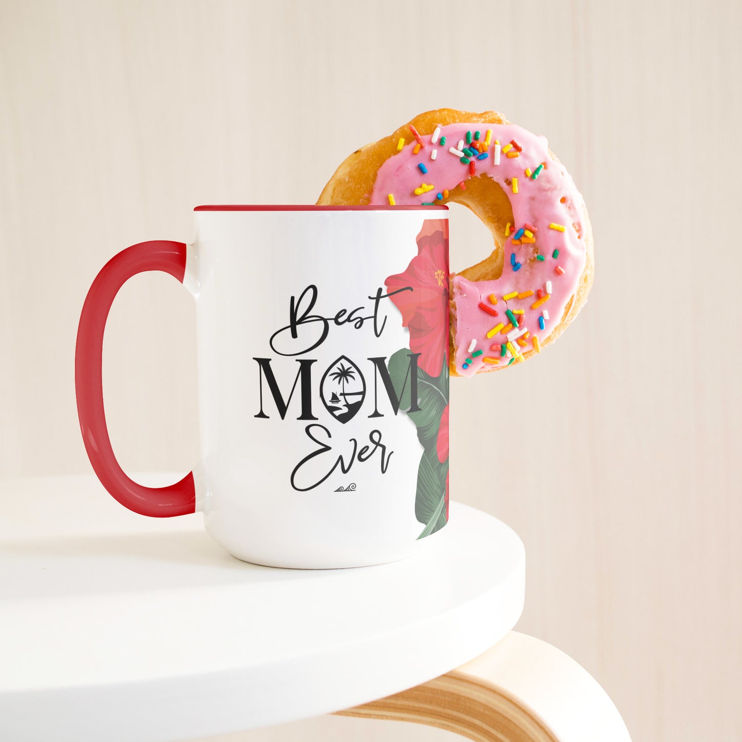 Best Mom Ever Script Guam Hibiscus Paradise Red 15oz White Mug