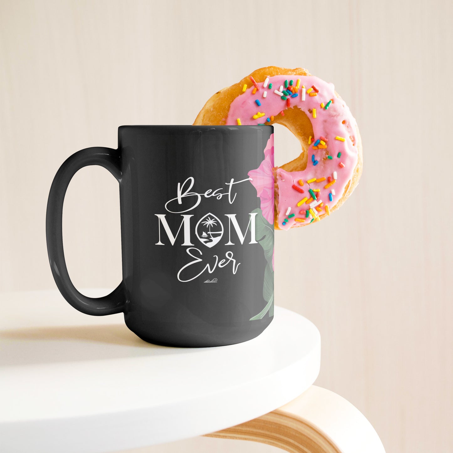Best Mom Ever Script Guam Hibiscus Paradise Pink 15oz Black Mug