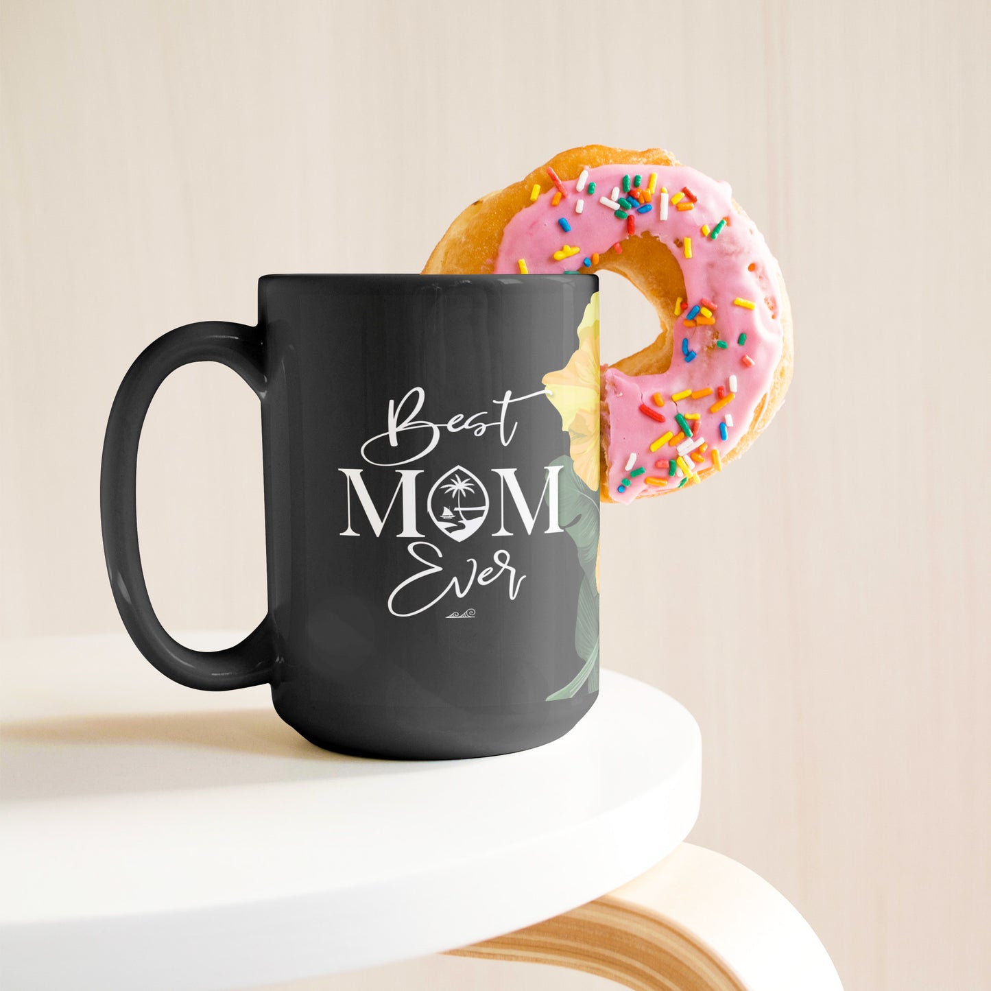 Best Mom Ever Script Guam Hibiscus Paradise Yellow 15oz Black Mug