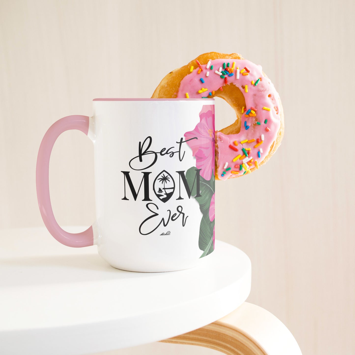 Best Mom Ever Script Guam Hibiscus Paradise Pink 15oz White Mug
