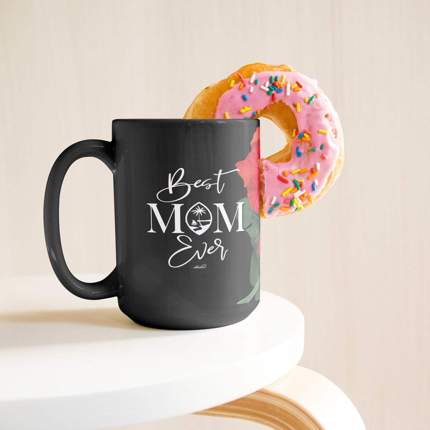 Best Mom Ever Script Guam Hibiscus Paradise Red 15oz Black Mug
