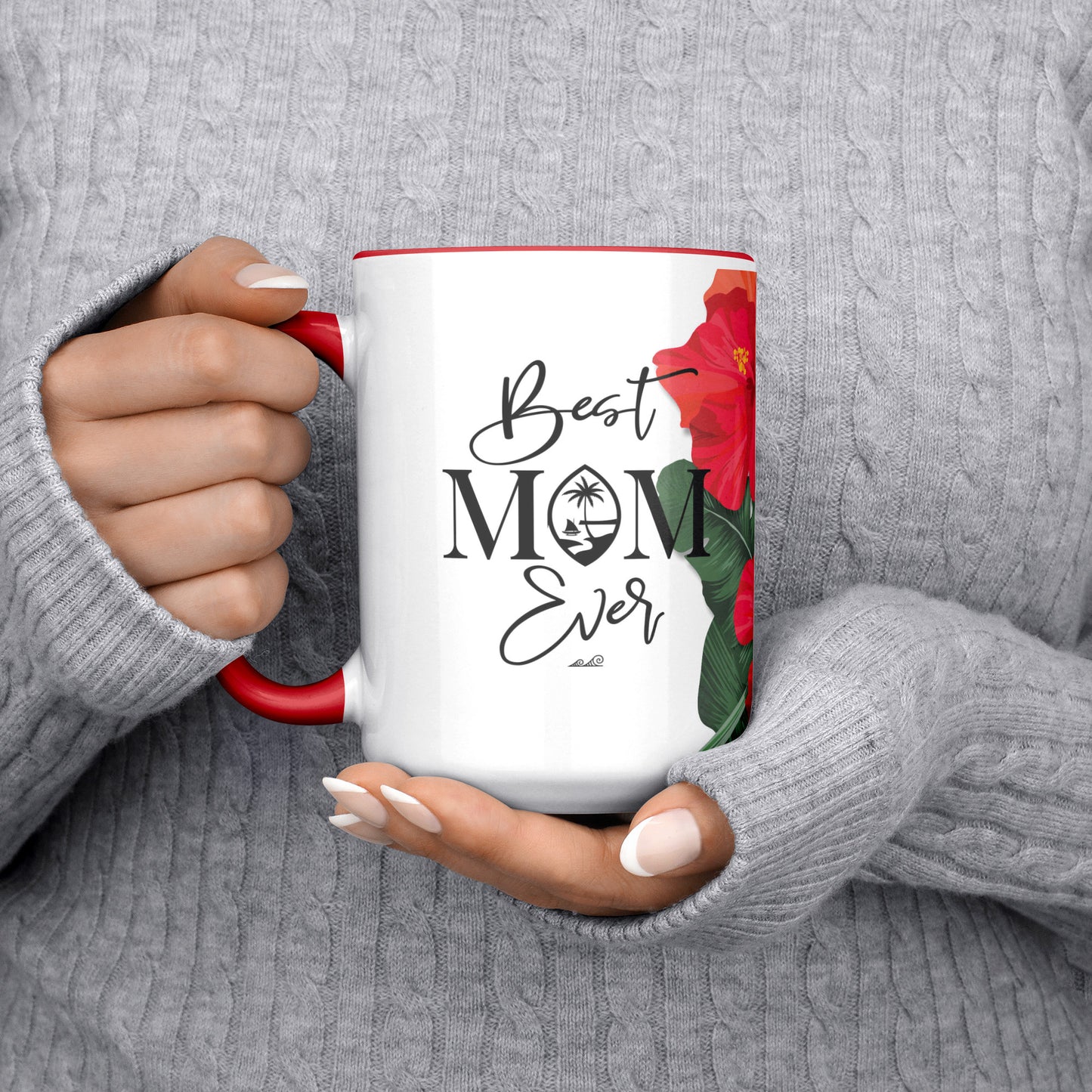 Best Mom Ever Script Guam Hibiscus Paradise Red 15oz White Mug