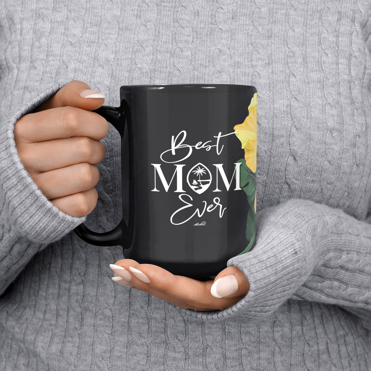 Best Mom Ever Script Guam Hibiscus Paradise Yellow 15oz Black Mug