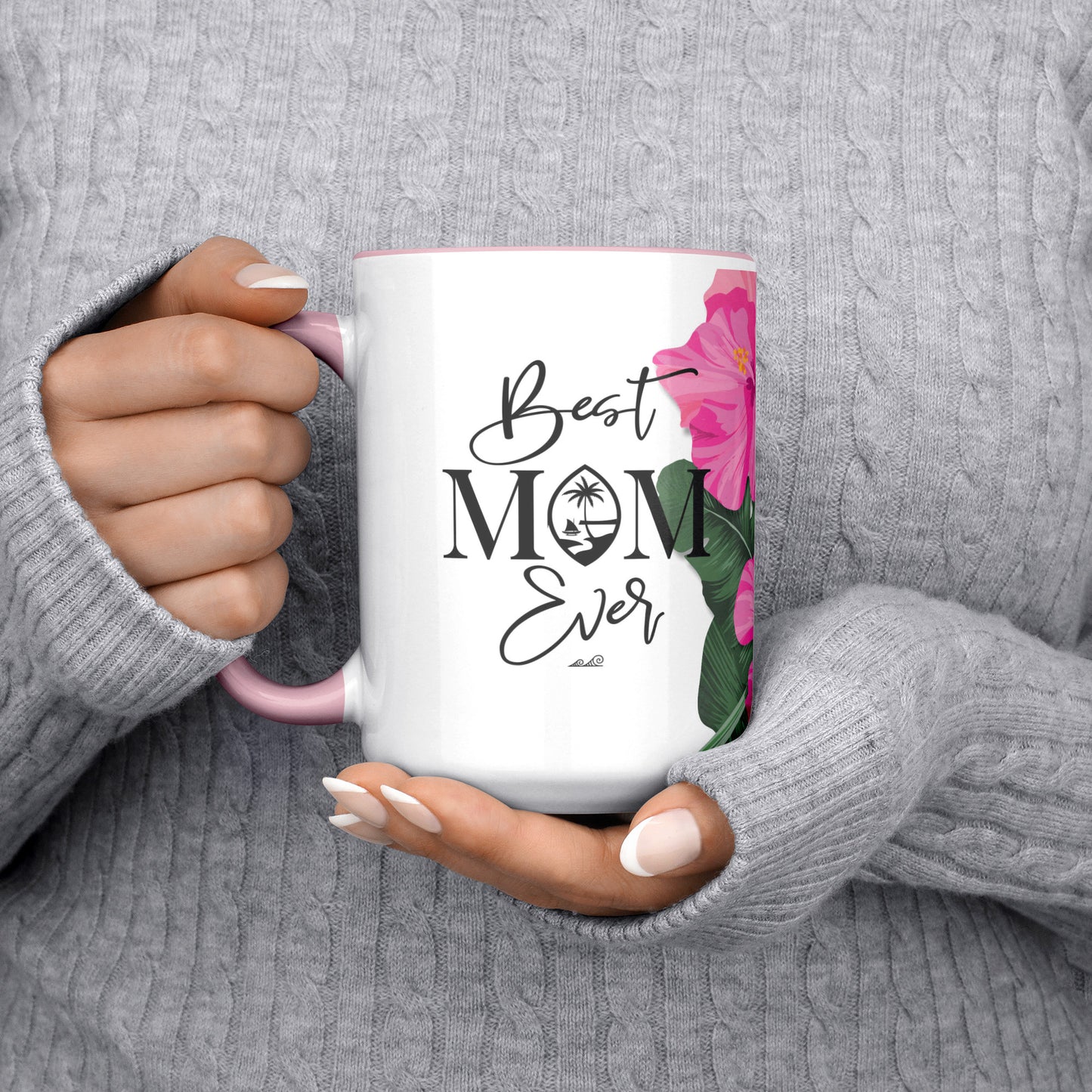 Best Mom Ever Script Guam Hibiscus Paradise Pink 15oz White Mug