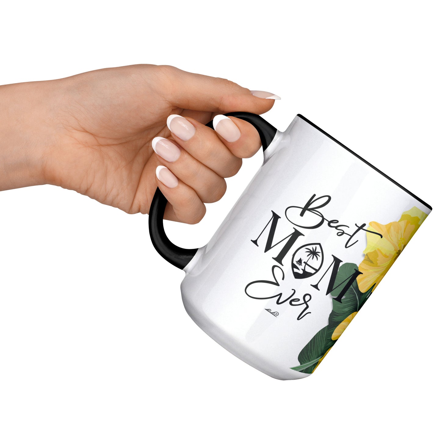 Best Mom Ever Script Guam Hibiscus Paradise Yellow 15oz White Mug