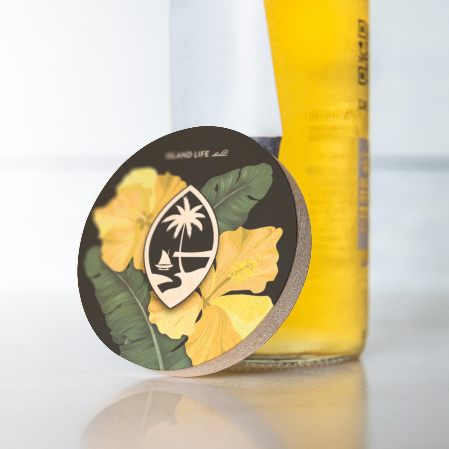 Guam Hibiscus Paradise Yellow Wooden Magentic Bottle Opener
