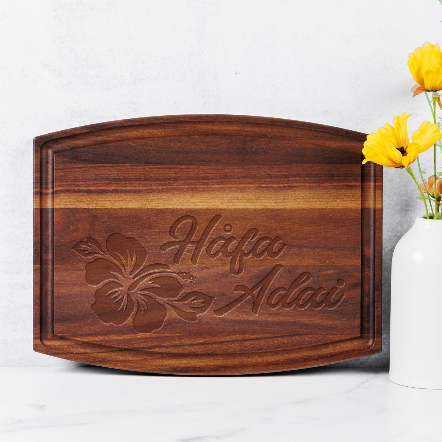 Hafa Adai Guam CNMI Hibiscus Arched Wood Cutting Board with Groove