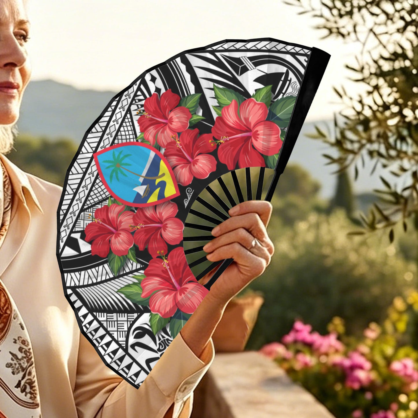 Guam Hibiscus Guahan Tribal Double-Sided Folding Fan