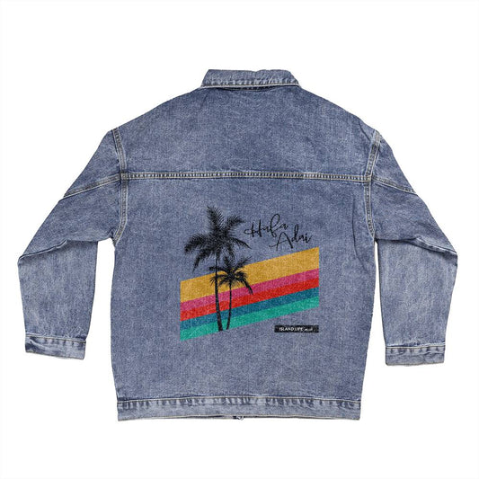 Hafa Adai Retro Rainbow Guam CNMI Oversized Women's Denim Jacket