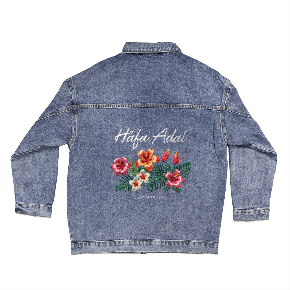 Hafa Adai Flowers Guam CNMI Oversized Women's Denim Jacket