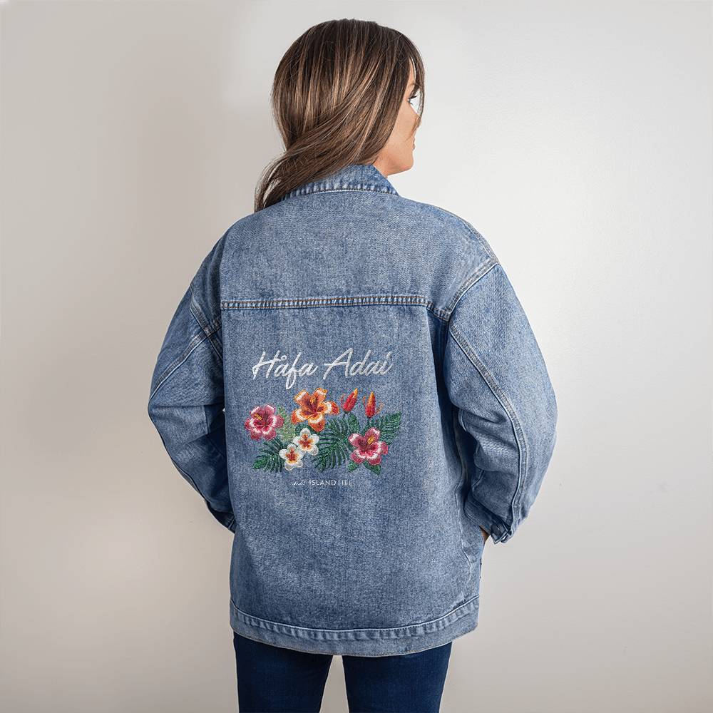 Hafa Adai Flowers Guam CNMI Oversized Women's Denim Jacket