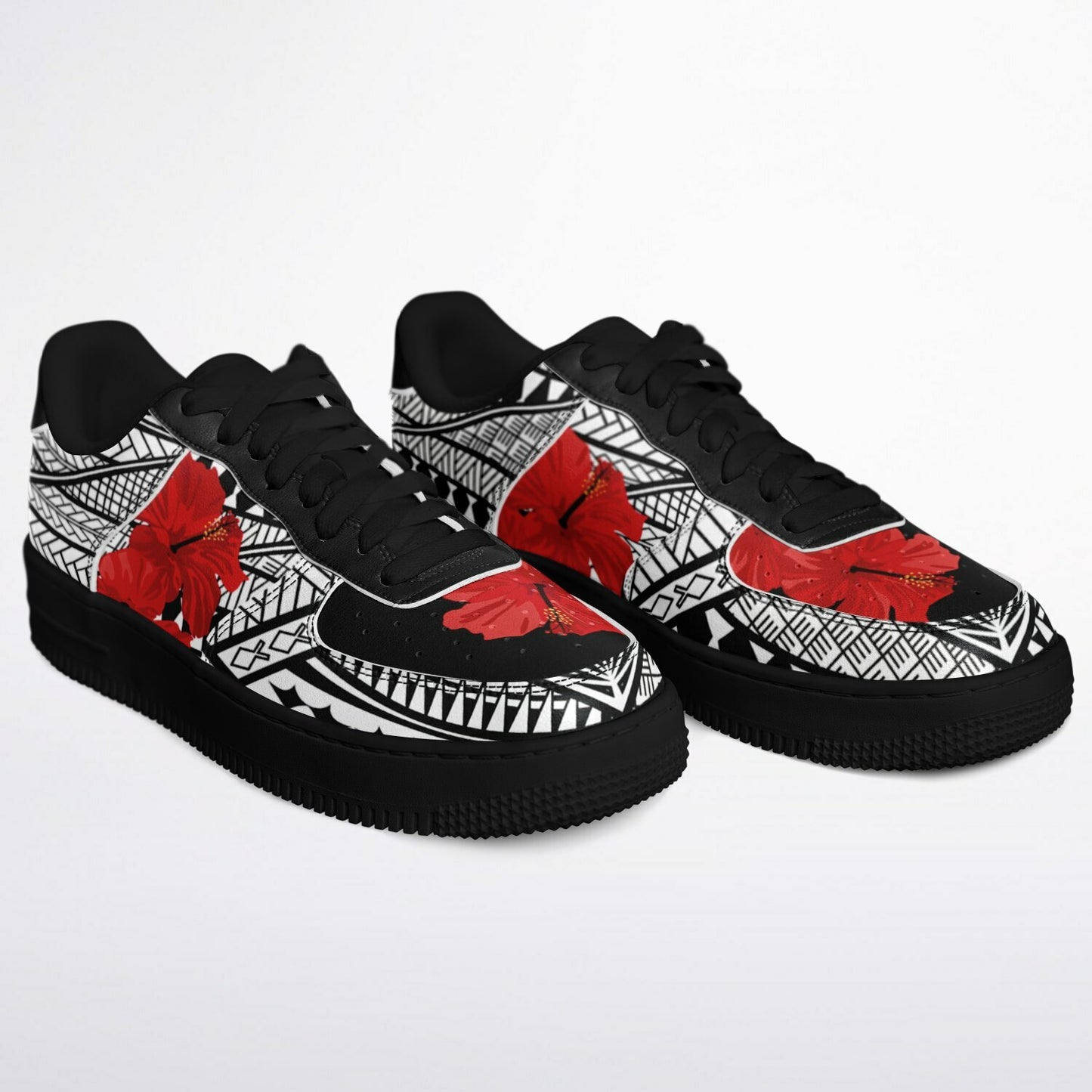 Guam Red Hibiscus Tribal Black Core Low Shoes