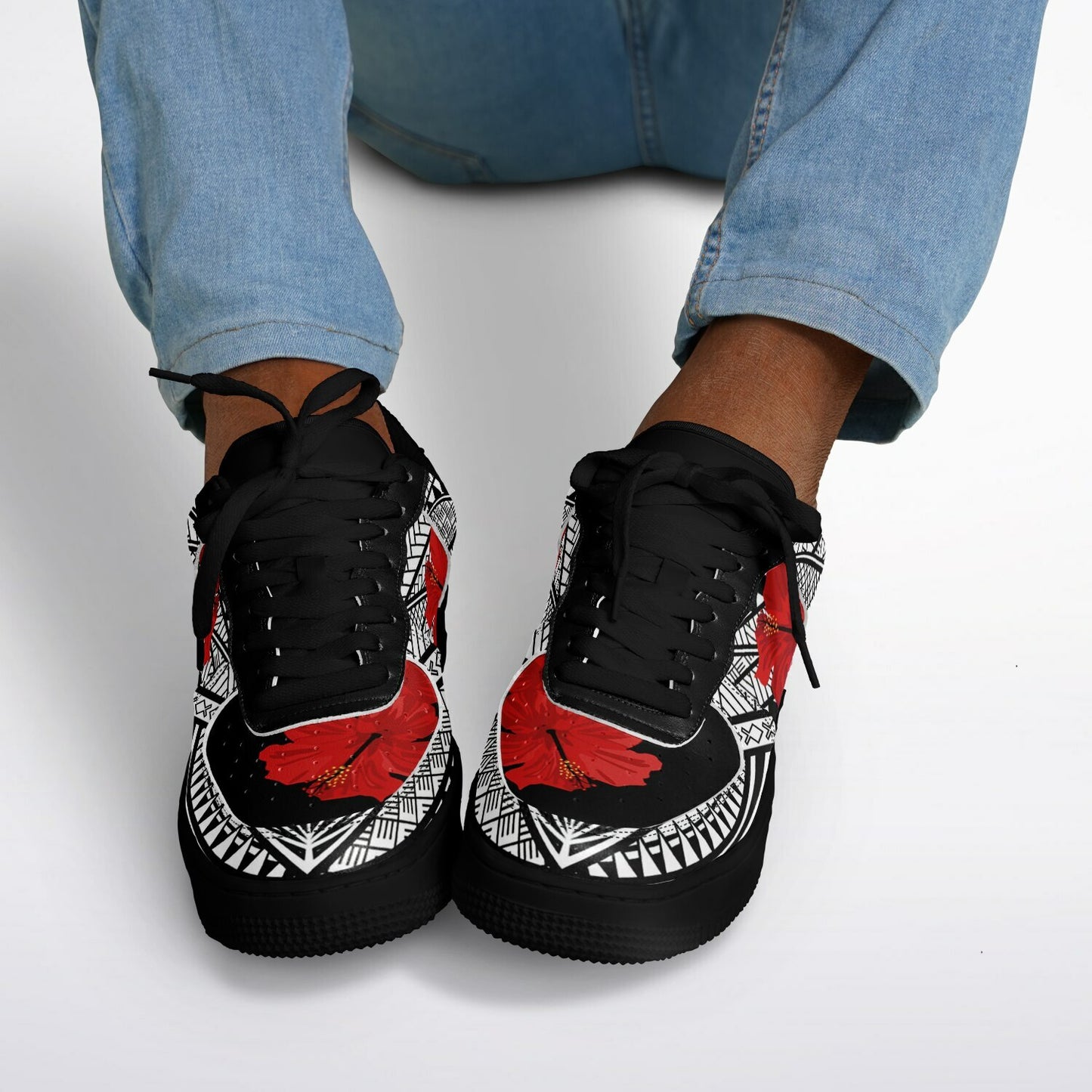 Guam Red Hibiscus Tribal Black Core Low Shoes
