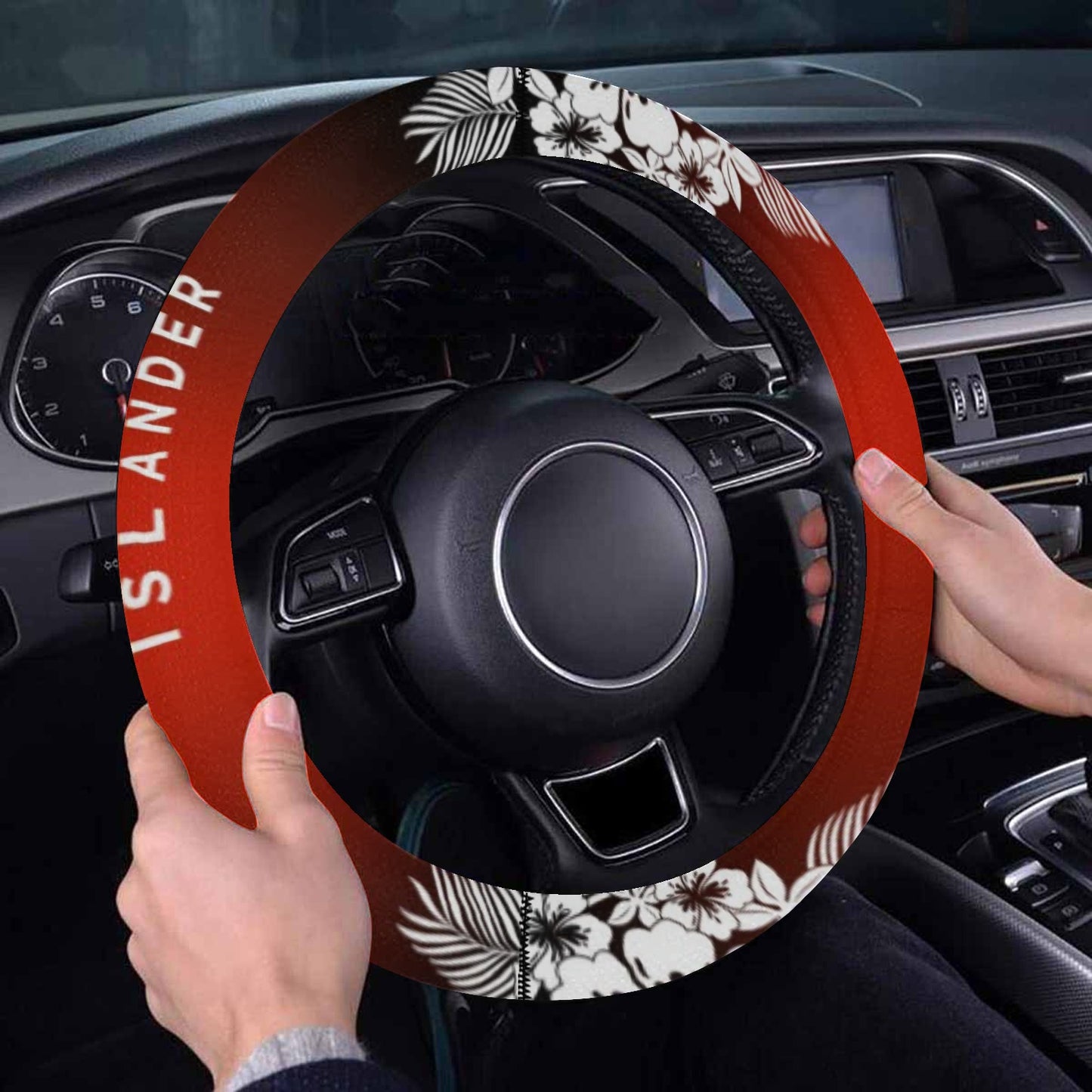 Tropical Hibiscus Islander Guam CNMI Red Steering Wheel Cover with Anti-Slip Insert