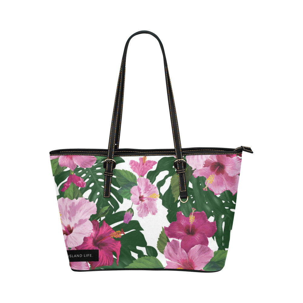 Guam CNMI Hibiscus Fuchsia Large Leather Tote Purse
