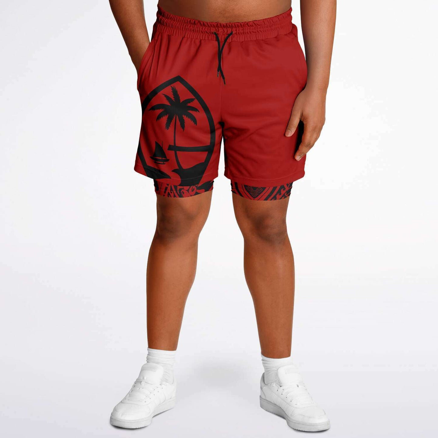 Guam Tribal Layer Red 2-in-1 Phone Pocket Active Shorts