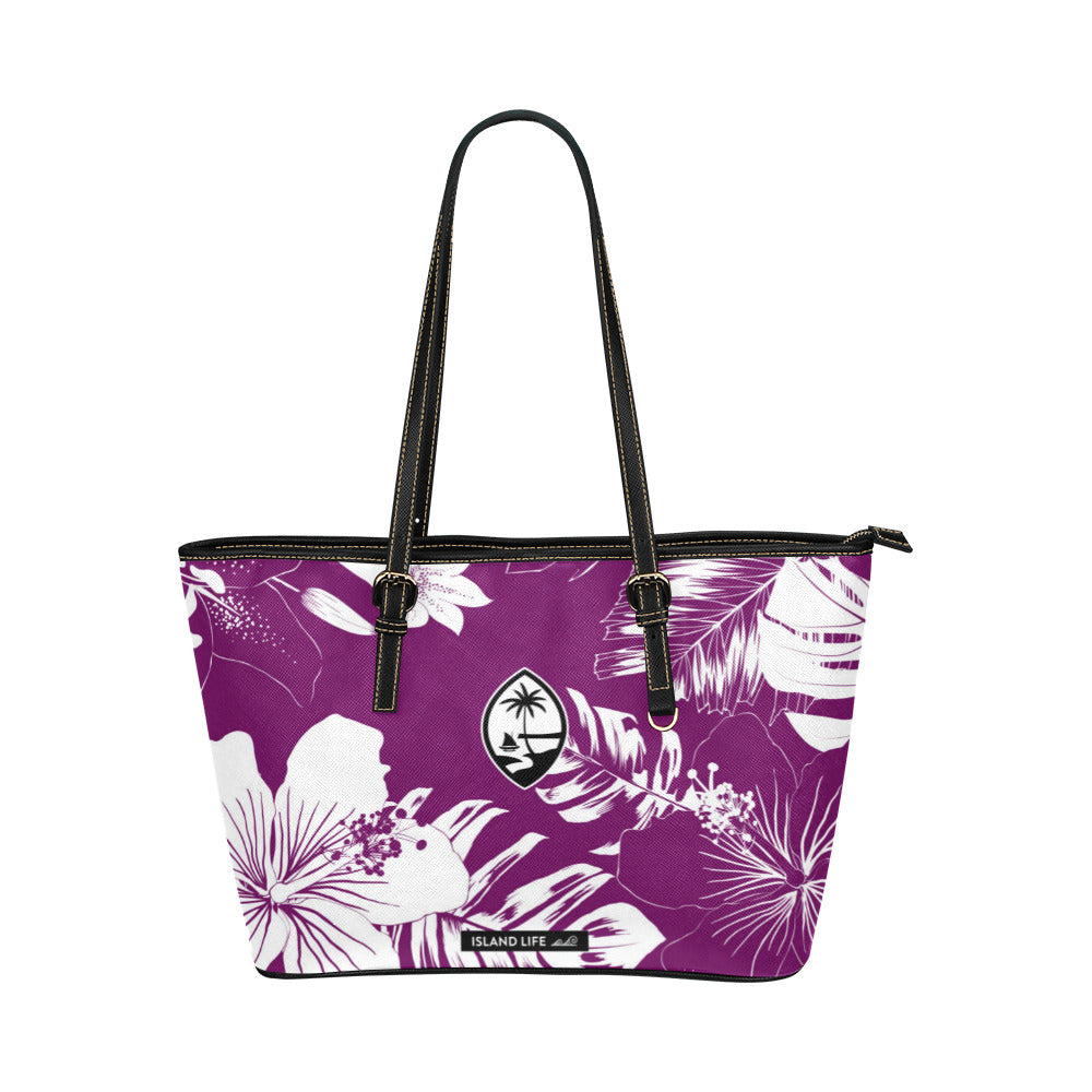 Guam Hibiscus Floral Purple Medium Leather Tote Purse