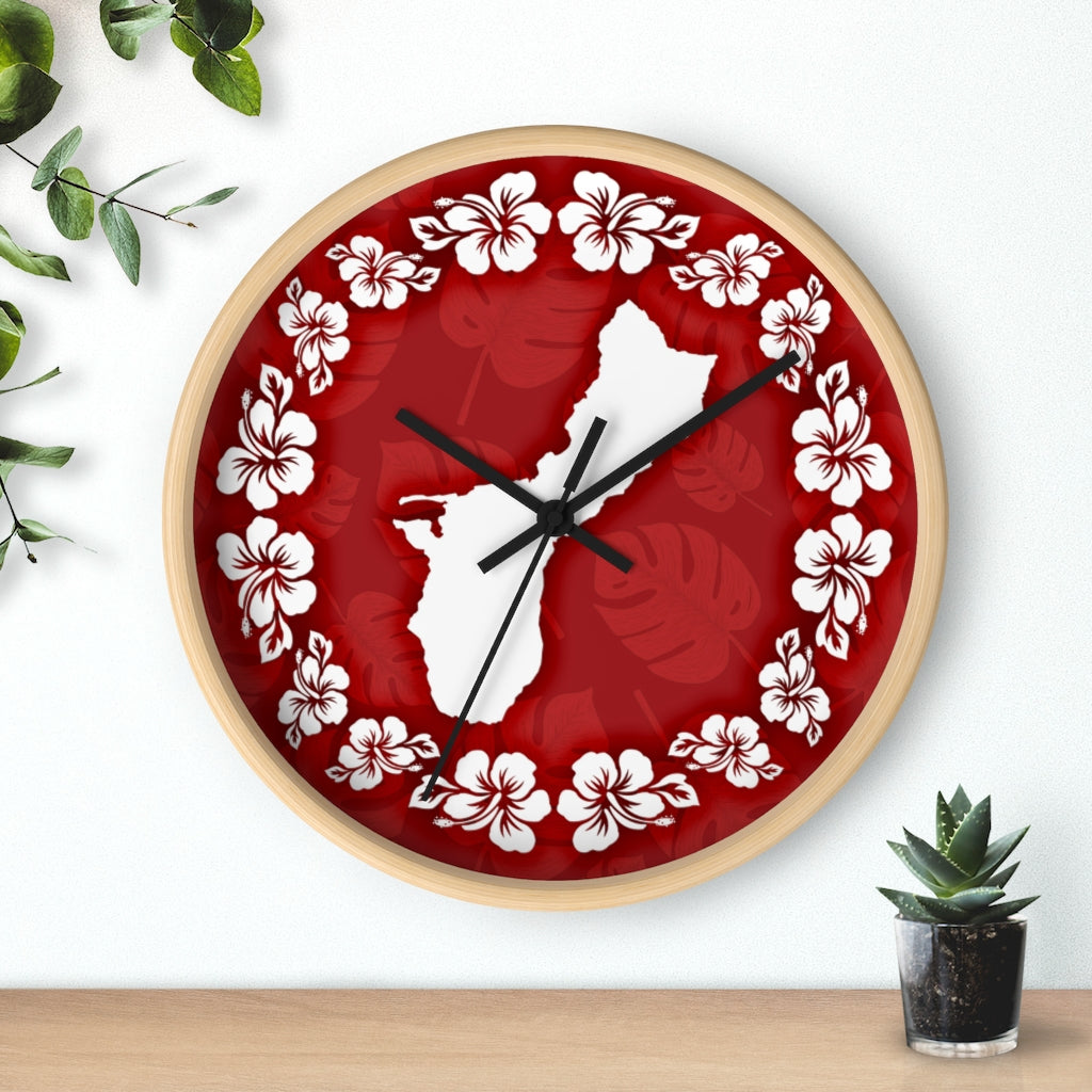 Guam Shape Red Hibiscus Wall Clock