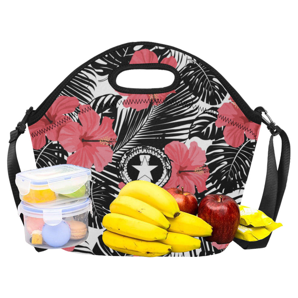 CNMI Pink Black Hibiscus Leaves Neoprene Lunch Bag Large