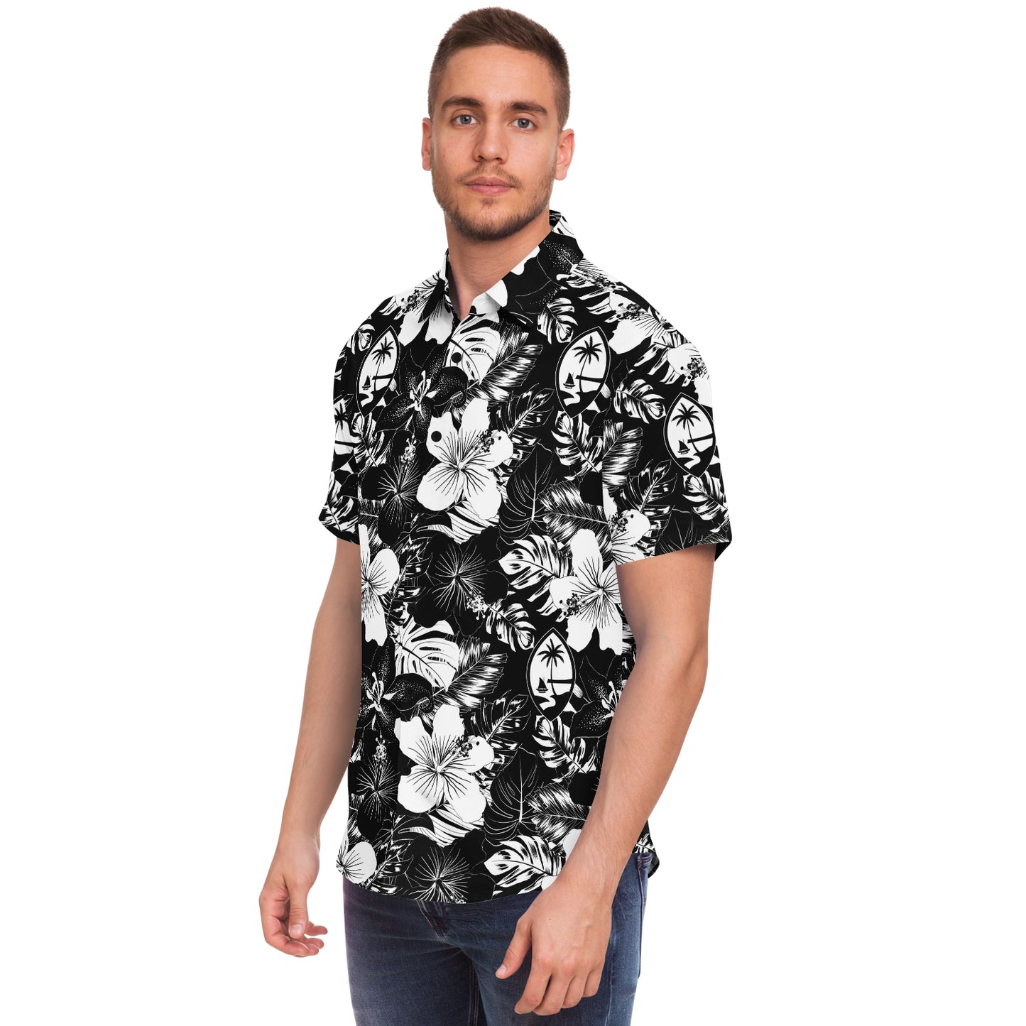 Guam Black Hibiscus Button Down Shirt Size Medium - Ready to Ship